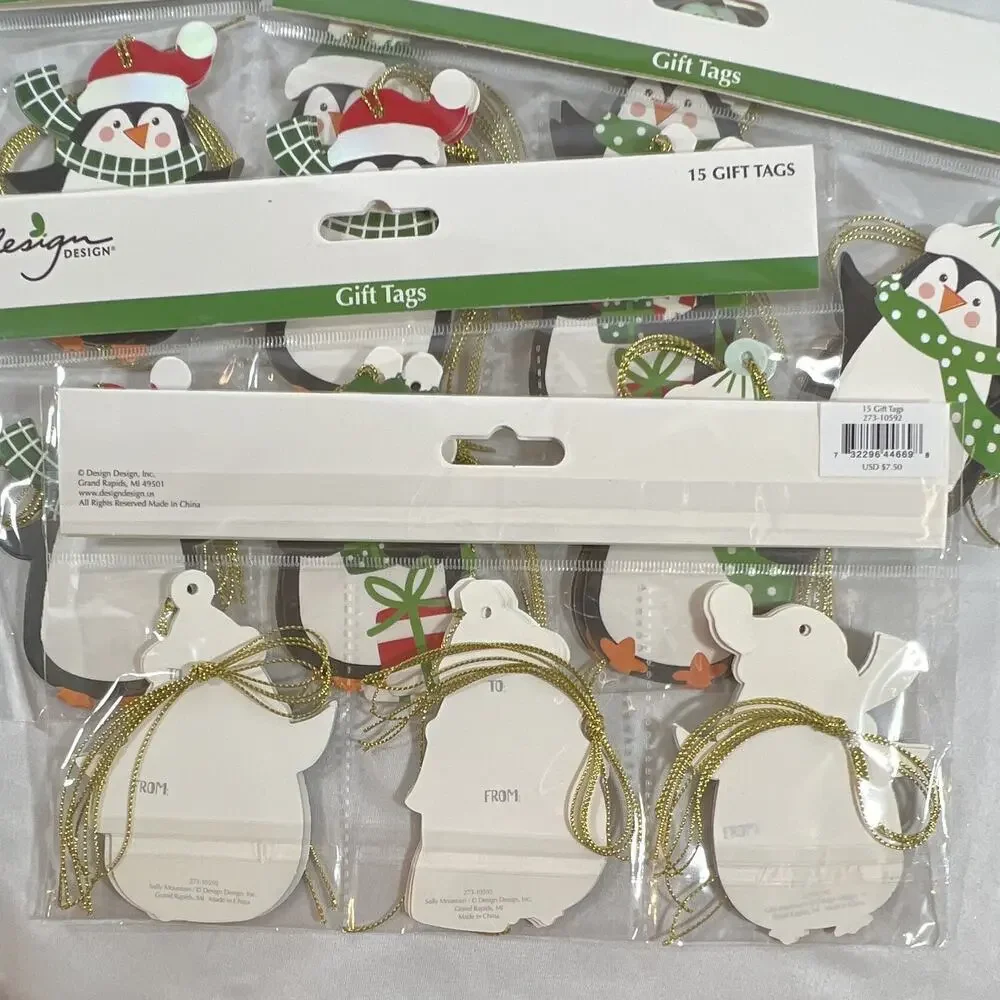 Design Design Christmas Penguin Gift Tags Gold String Polka Dot Plaid lot of 60